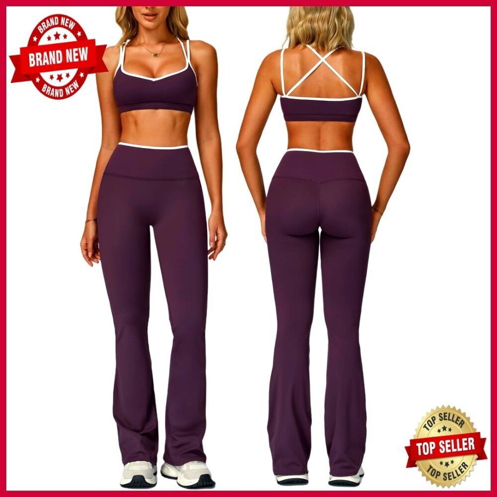 New 2-Piece Workout Set: Strappy Sports Bra & Flare Leggings, S-XL